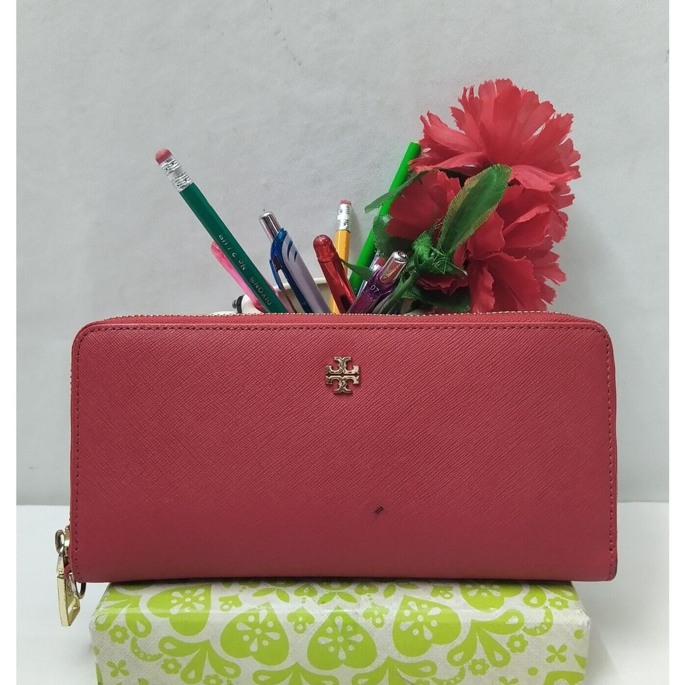Tory Burch Red Leather Zip Around Credit Card Wallet